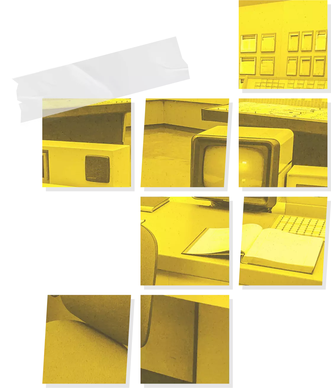 Image d'un bureau avec la présence de matériels informatiques. Découpé en grands carré de pixel jaune, adapté à la charte graphique de Branché